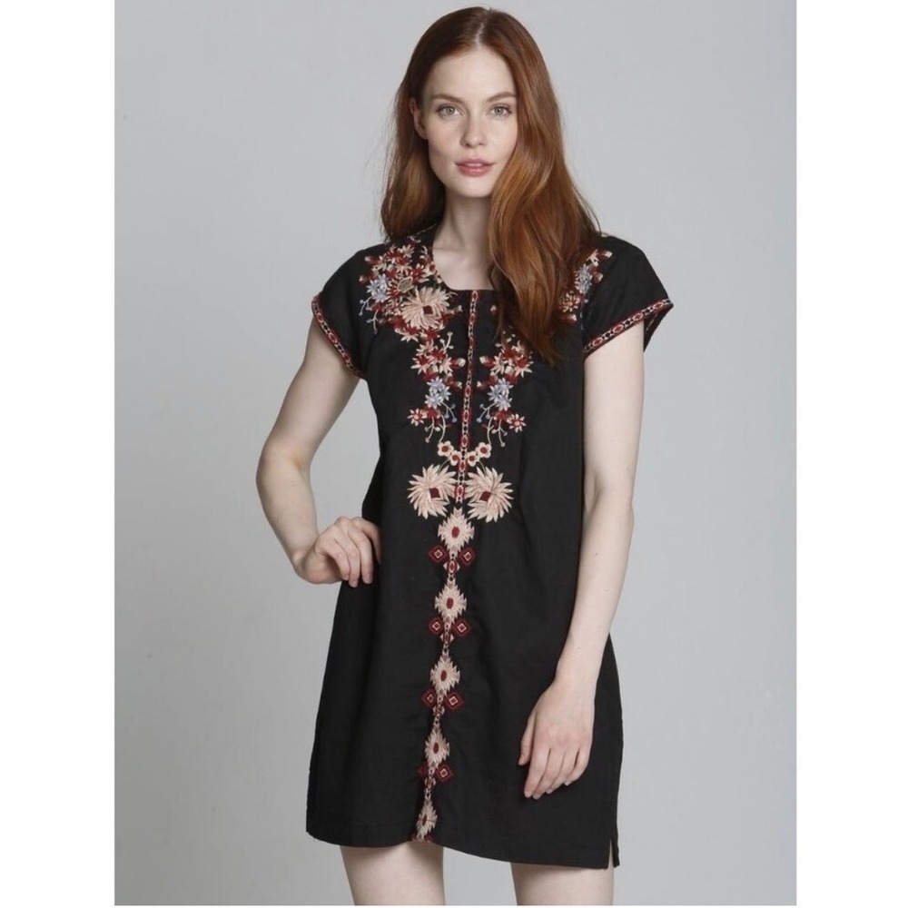 Driftwood Embroidered Floral Tunic Dress Black Cotton Linen Boho M